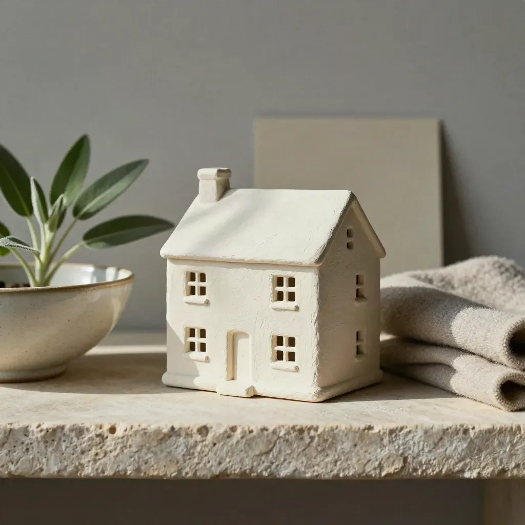 Plaster huisje met keramische schaal, wollen doek en plantje op een stenen plank.