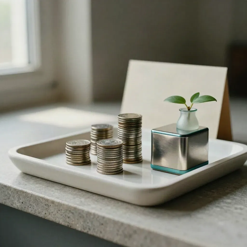 Muntenstapels, paperweight en plantstek op een stenen plank met zachte daglichtsfeer.