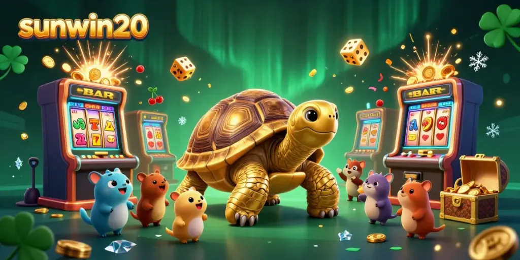 Experience the vibrant world of sunwin20 with rich 3D casino illustration featuring a golden tortoise pinball machine.