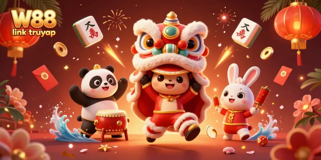 Experience the thrill of W88 link truy cập with vibrant 3D characters in a festive casino atmosphere.