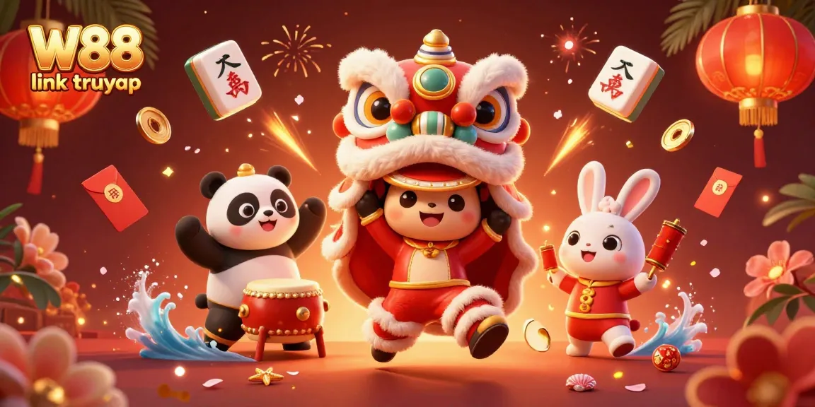 Experience the thrill of W88 link truy cập with vibrant 3D characters in a festive casino atmosphere.