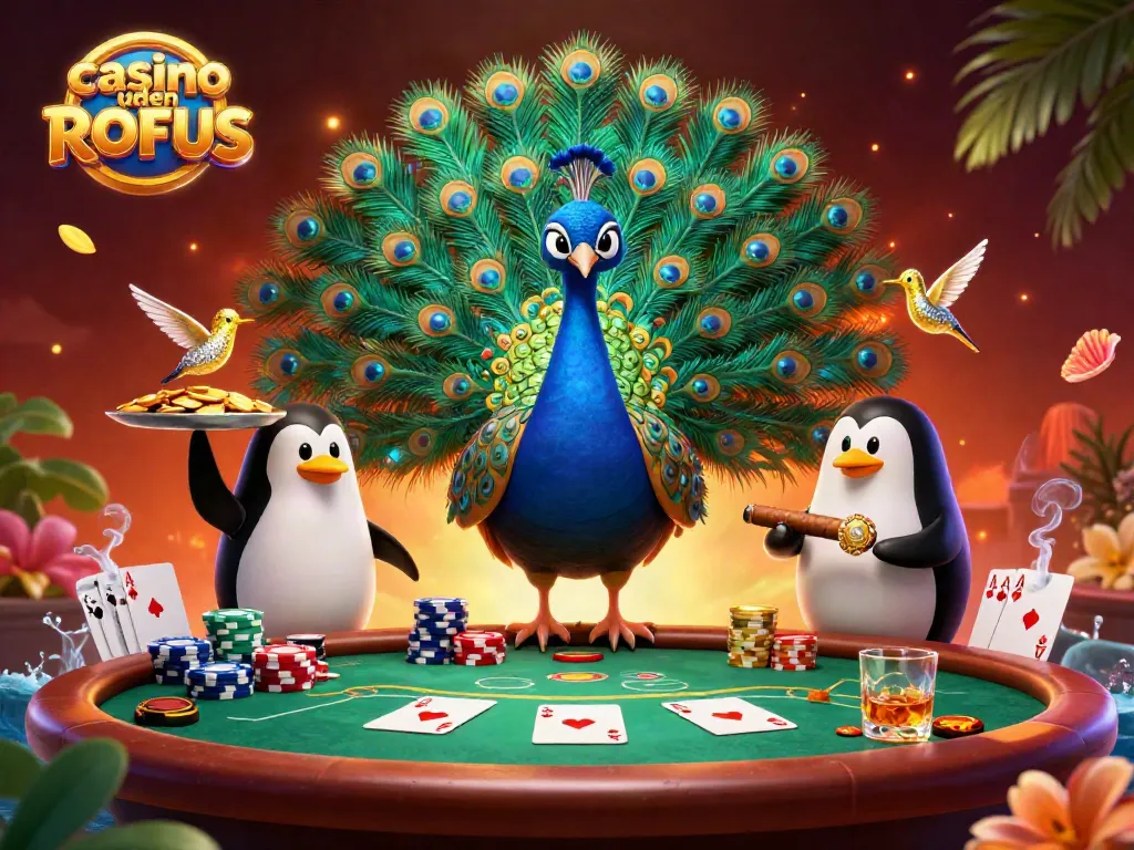 Win at casino uden ROFUS with a colorful poker scene featuring unique characters and vibrant game elements.