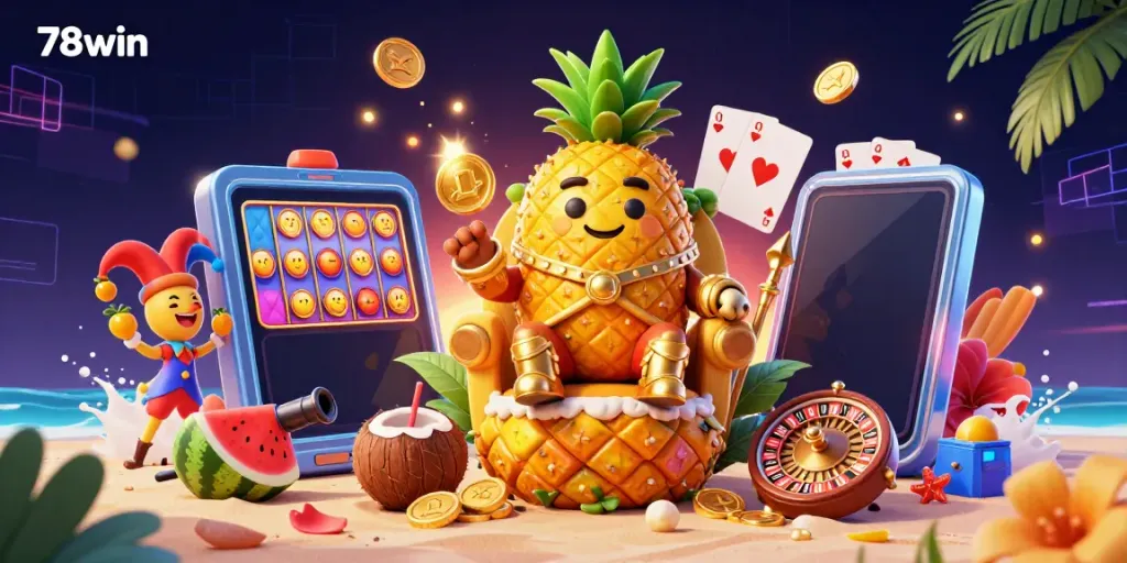 Experience the exciting casino atmosphere of 78win with a vibrant scene featuring engaging characters and dynamic gaming elements.