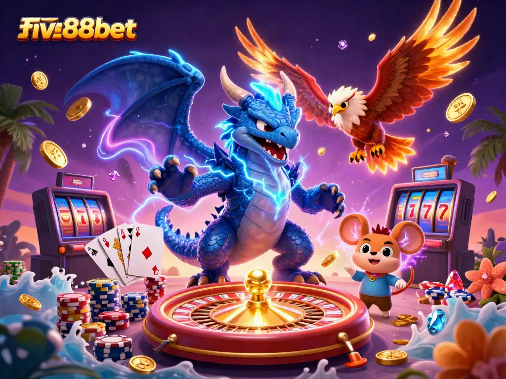 Experience thrilling gameplay with five88bet's vibrant 3D casino scene featuring dynamic characters and game elements.