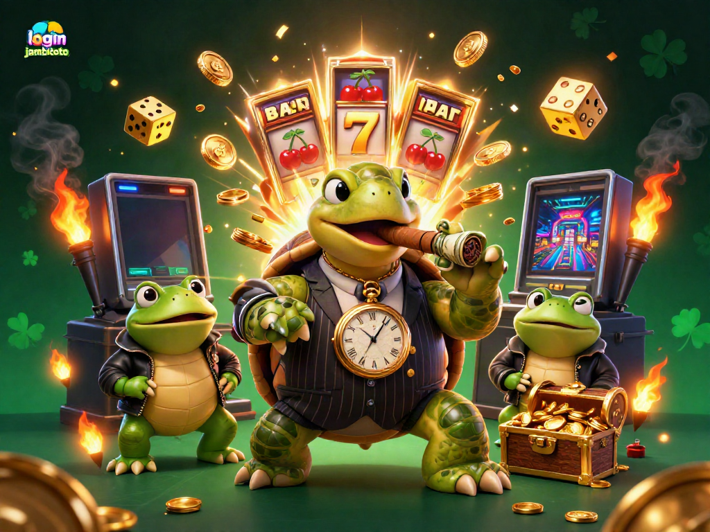 Experience gaming excitement with login jambitoto in a vibrant casino scene featuring our 3D turtle mobster!