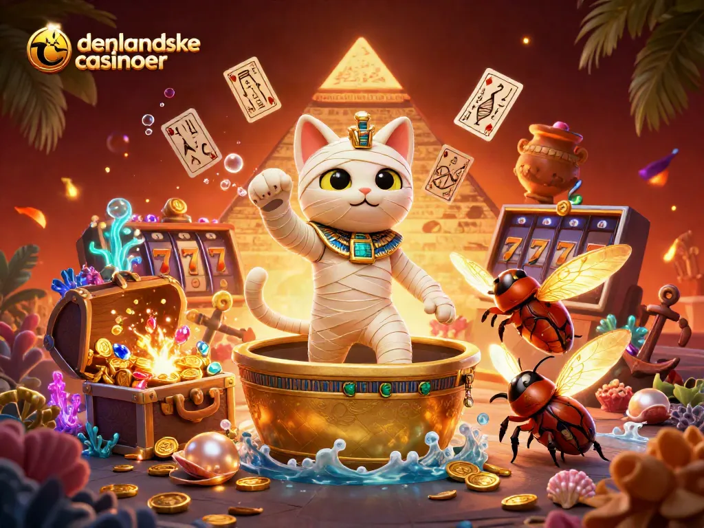 Engage with udenlandske casinoer in this dynamic 3D illustration showcasing a mummy cat and golden games.