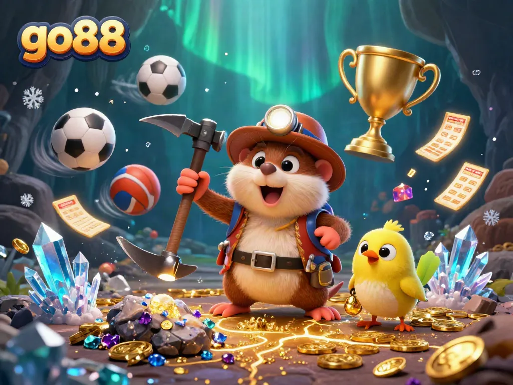 Engaging go88 scene with a treasure hunter mole, sports elements, and vibrant gems.