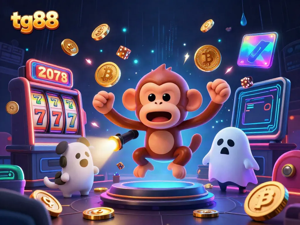 Experience thrilling gameplay at tg88 with vibrant slots and golden tokens amidst a haunted casino.
