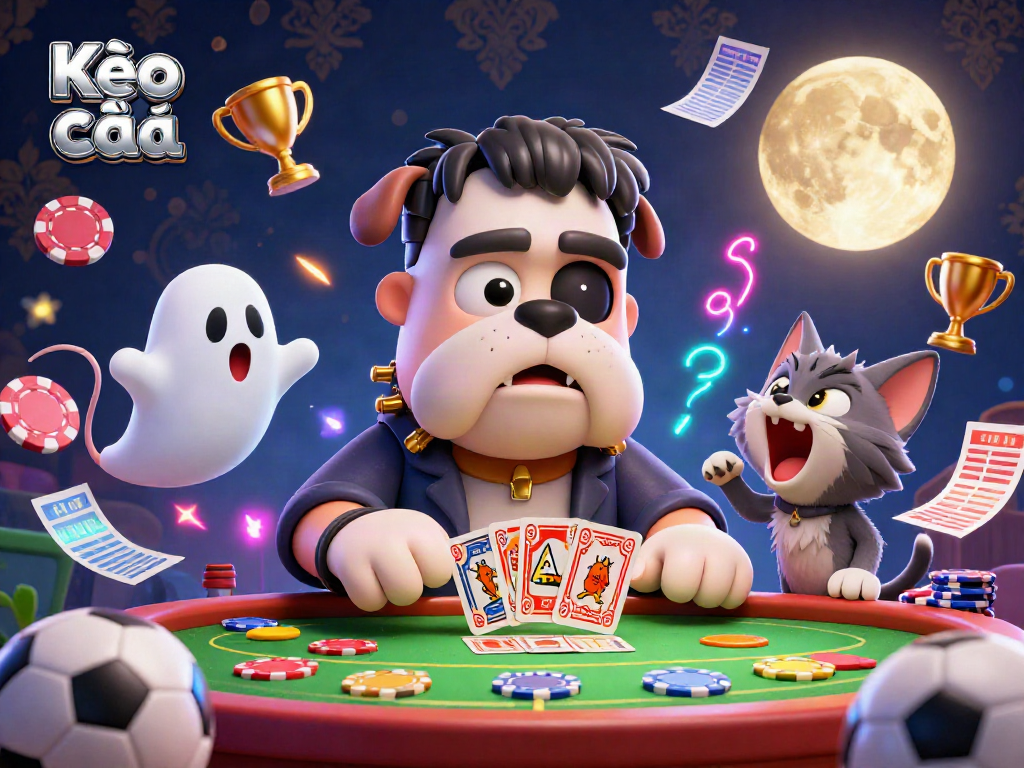 Engaging scene illustrating Kèo nhà cái with a Frankenstein bulldog, ghost mouse, and werewolf kitten at a sports betting table.