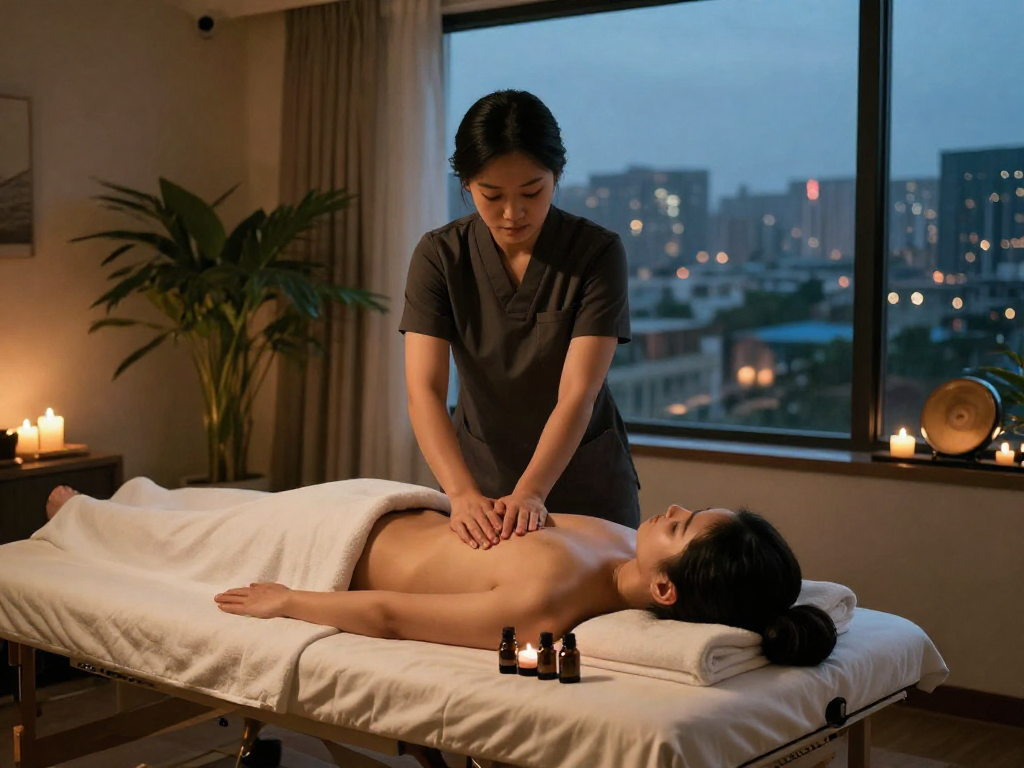 강서구출장마사지 service in a peaceful hotel room setting with therapist and client.