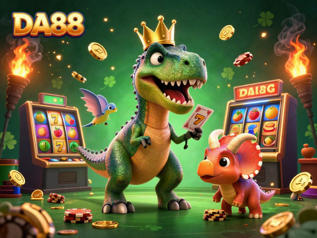 Experience thrilling casino action with the DA88 T-Rex shuffling cards and a baby triceratops stacking chips.