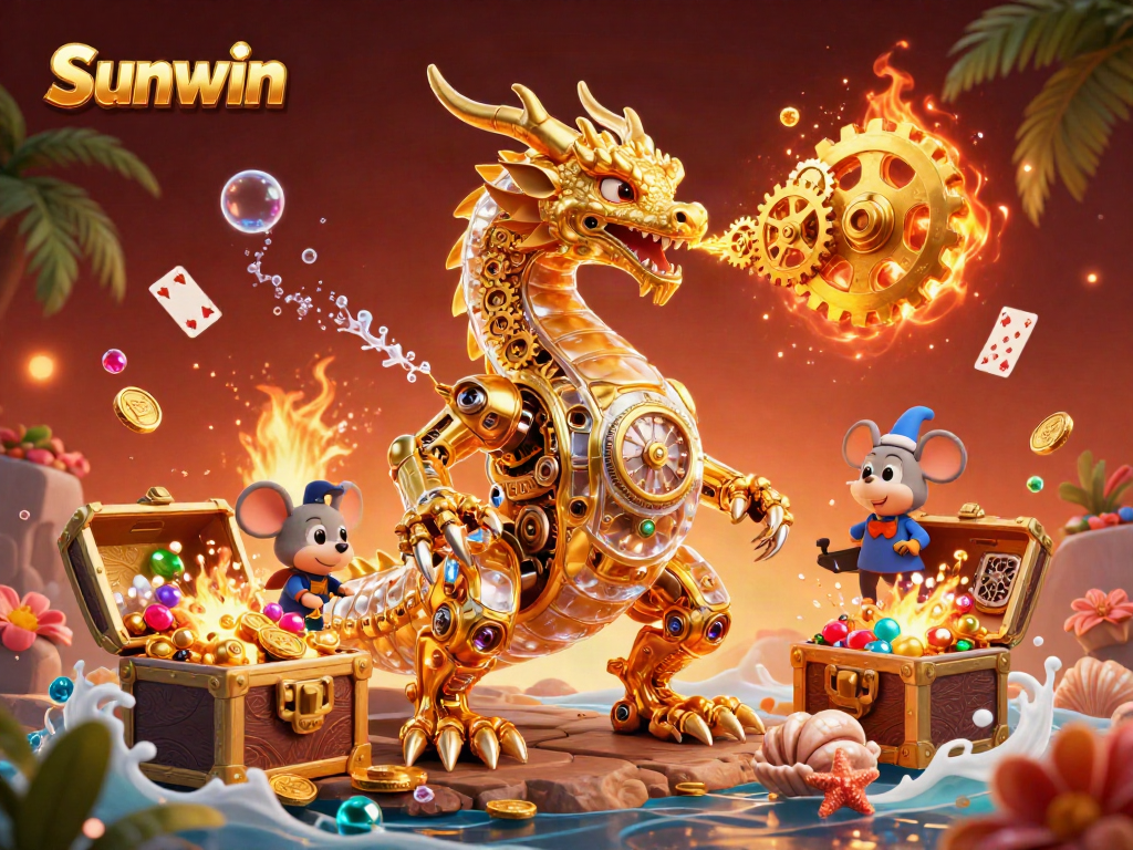 Experience thrilling gameplay with Sunwin's golden dragon and treasure in a vibrant illustration.