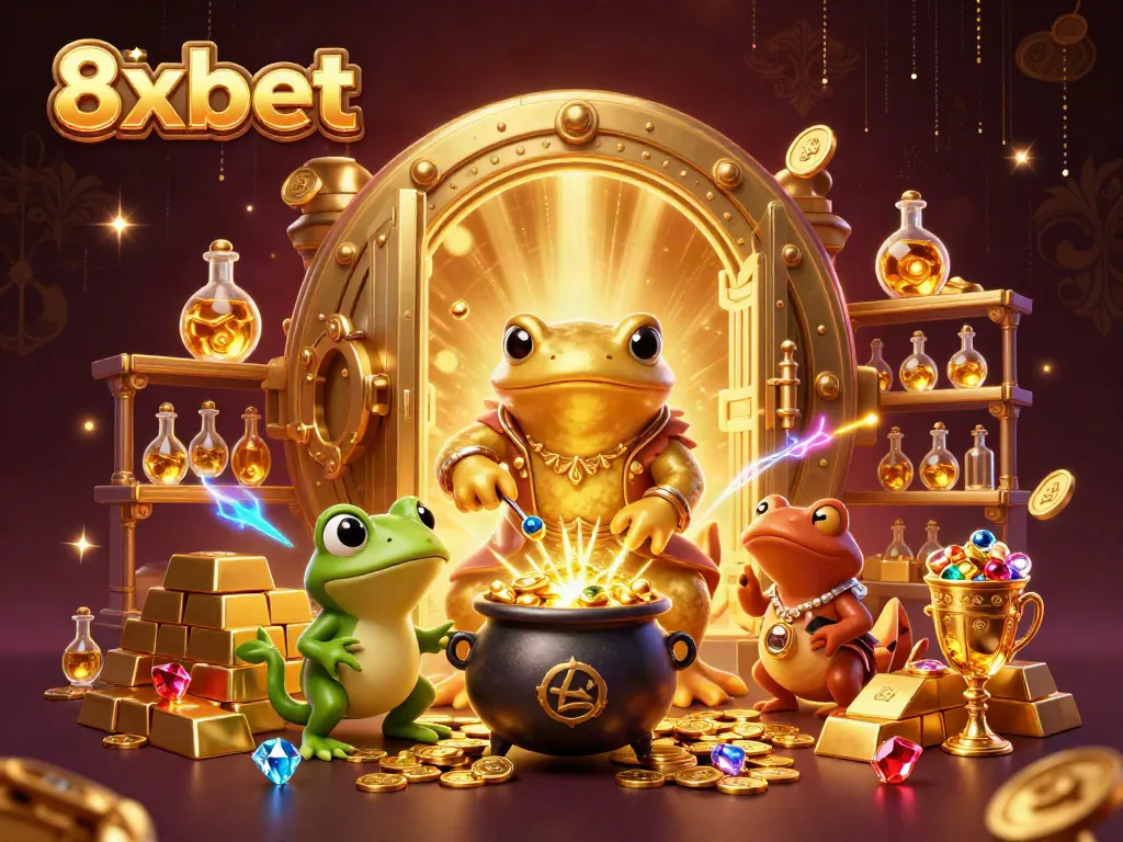 Experience the excitement of 8xbet with a dazzling 3D illustration of an alchemist amid a treasure trove of gold.