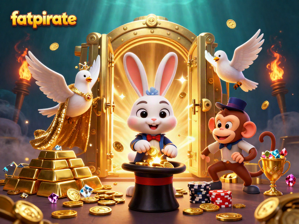 Experience thrilling wins with fatpirate as the magician reveals gold coins and treasures in a vibrant casino scene.