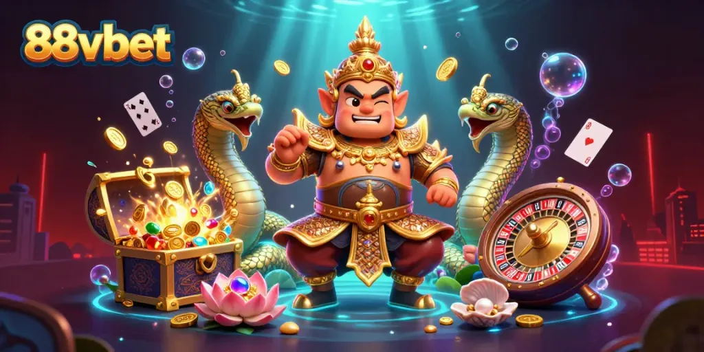 Engage in online gaming adventures with 88vbet, featuring a lively Thai guardian and dynamic casino elements.