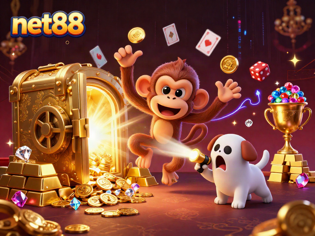 Experience the excitement of net88 with an enchanting online casino scene featuring a playful monkey and a curious puppy.