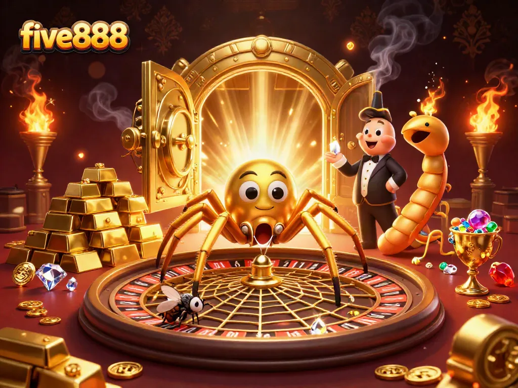 Experience thrilling bets at five888 with golden spider and centipede croupier at the roulette wheel.