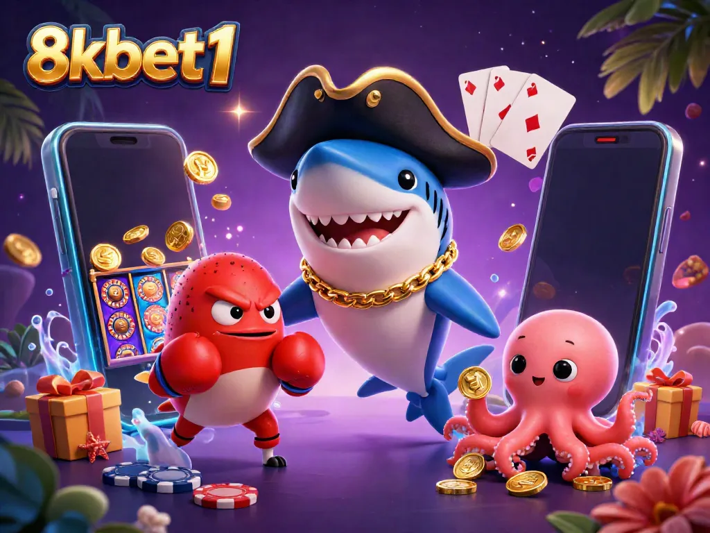 Engaging 3D illustration showcasing 8xbet1 with a pirate shark, pufferfish, and octopus enjoying casino fun with slot games and coins.