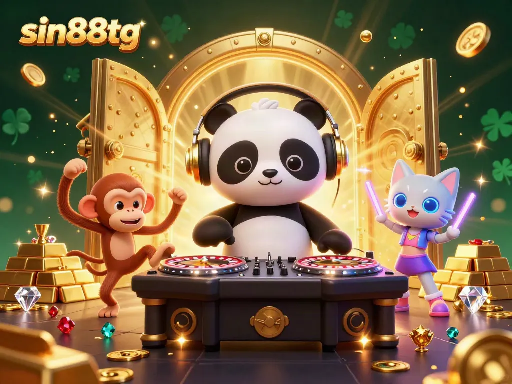 Experience excitement at the sin88tg online casino with a vibrant 3D DJ panda spinning on roulette, a dancing monkey, and party elements.