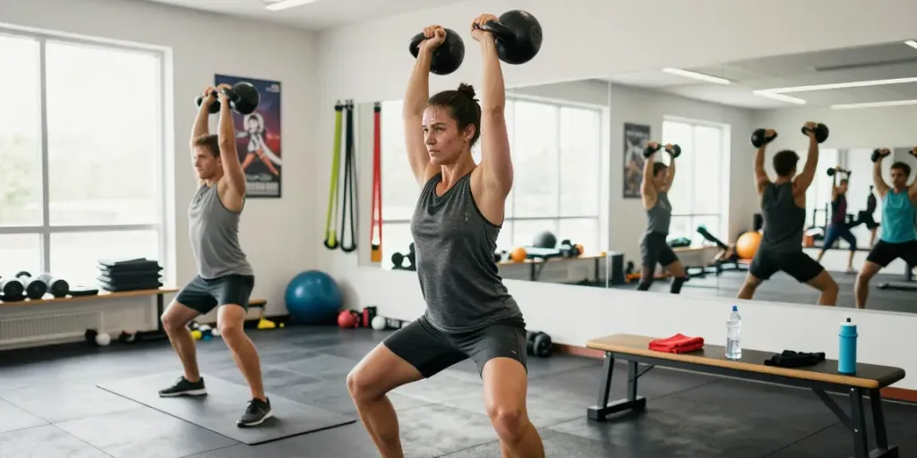 Dynamic fitness training at https://biolabshop.nl/ showcasing energetic workout routines with kettlebells.