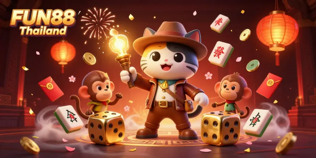 Engage in thrilling gaming with FUN88 Thailand showcasing a cartoon adventure of excitement and discovery.
