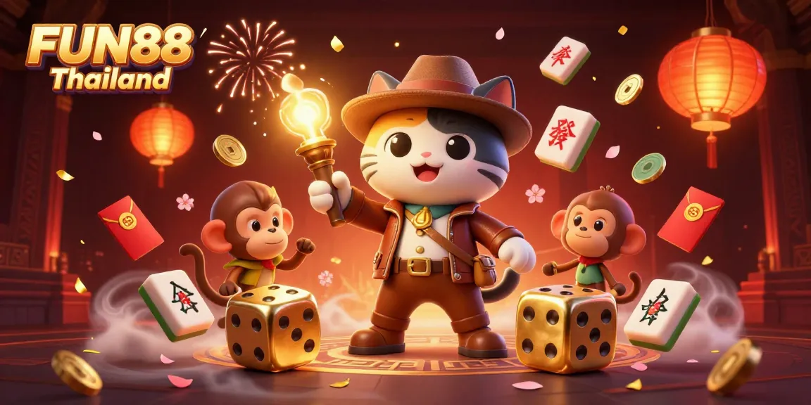 Engage in thrilling gaming with FUN88 Thailand showcasing a cartoon adventure of excitement and discovery.