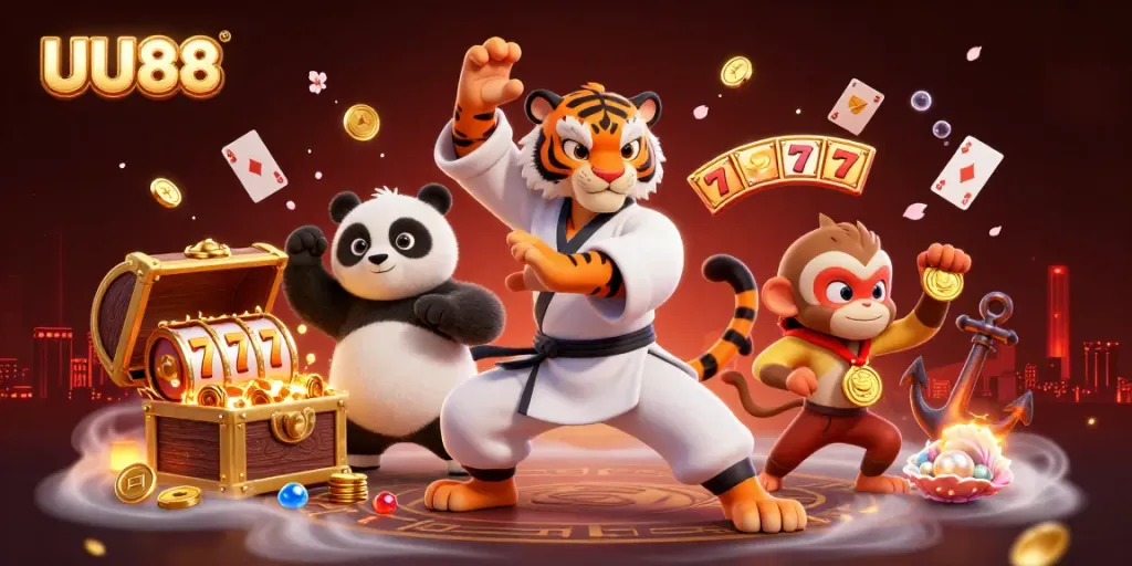Experience the dynamic world of UU88 through a 3D illustration featuring a kung fu tiger master, panda disciple, and a playful monkey, amidst vibrant casino elements.