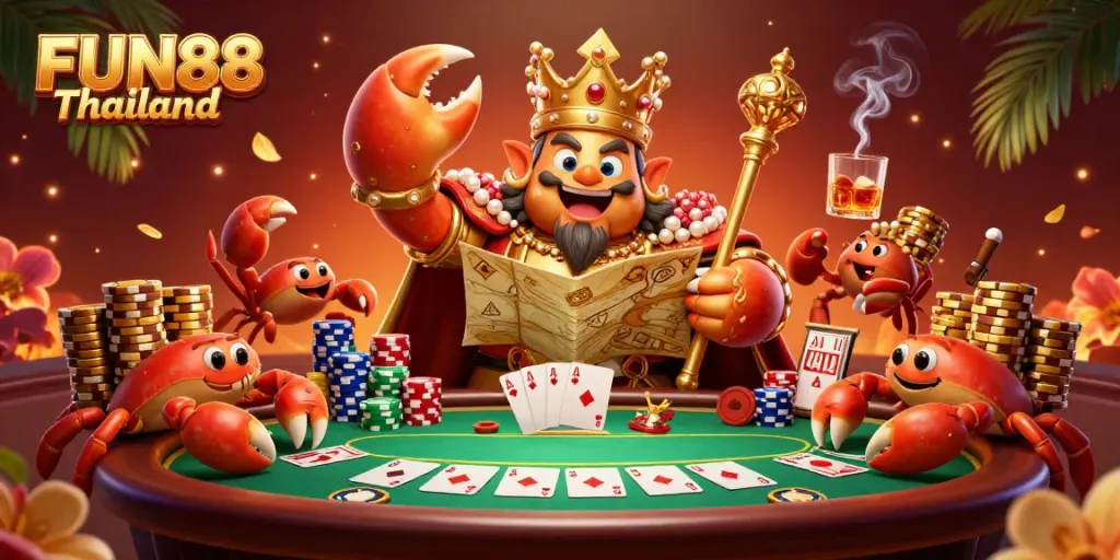 Experience FUN88 Thailand with golden crab emperor amid card games, vibrant casino elements.