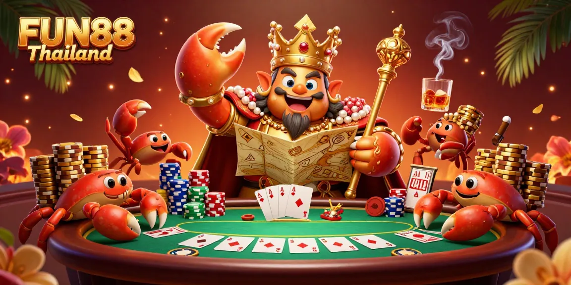 Experience FUN88 Thailand with golden crab emperor amid card games, vibrant casino elements.