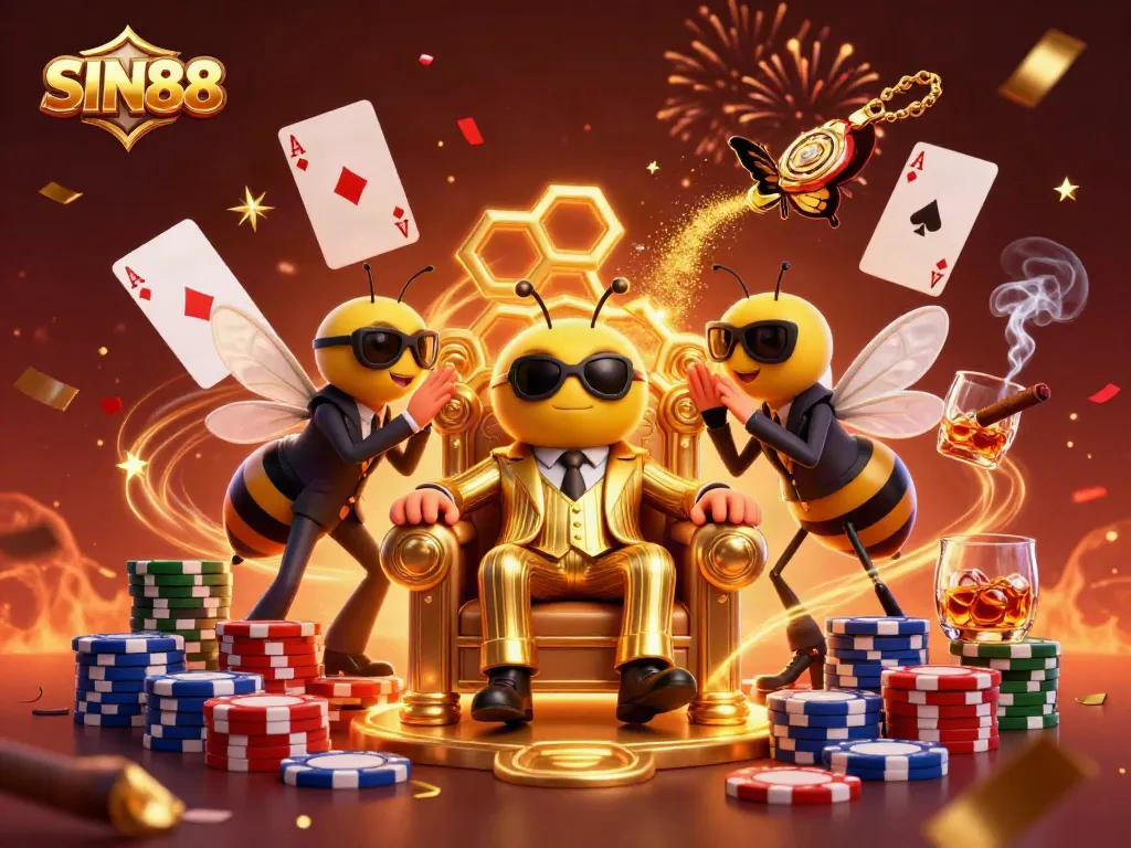 SIN88 gambling scene with a bumblebee mob boss and poker chips flying around