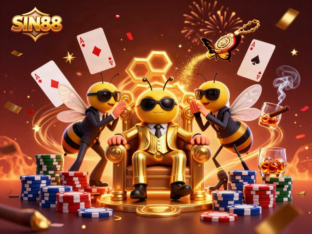 SIN88 gambling scene with a bumblebee mob boss and poker chips flying around