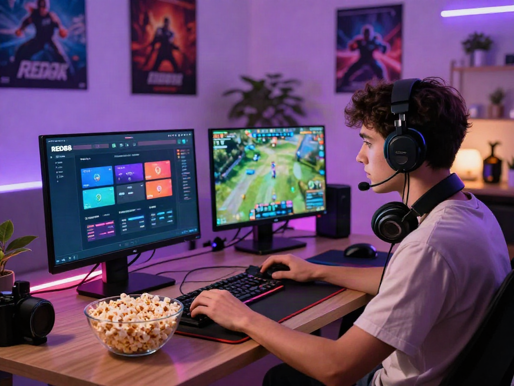 Engaging online gaming experience at https://red88.limited/ in a cozy living room.
