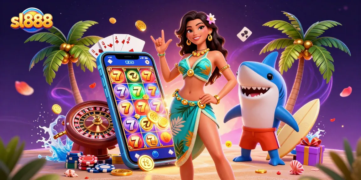 Play and win with sl888 in this vibrant casino-themed 3D illustration filled with excitement.
