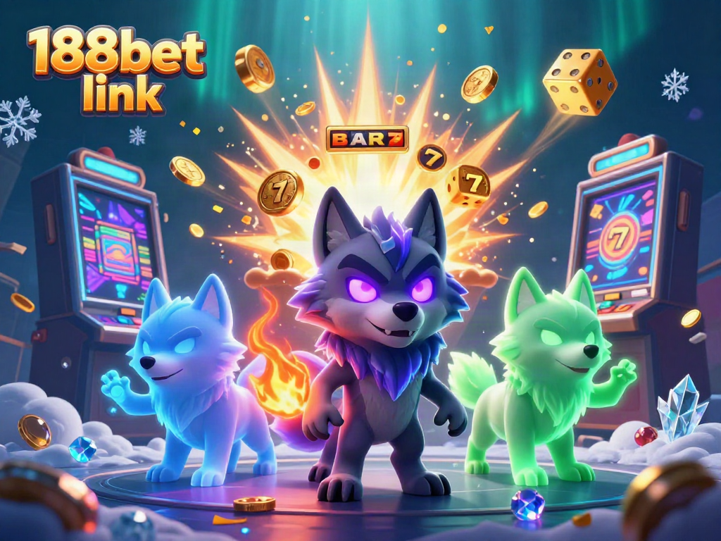 Engage with thrilling 188bet link, featuring a wolf pack leader amidst coins and vibrant casino elements.