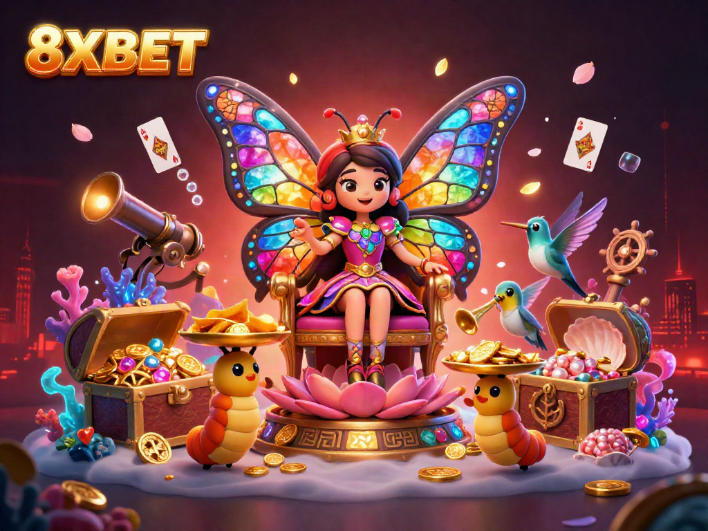 Experience the excitement of 8XBET with the butterfly queen, vibrant elements, and golden treasures in a casino ambiance.