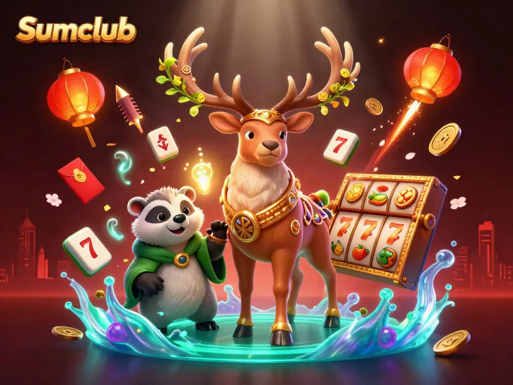 Engage with Sumclub's vibrant 3D casino-themed illustration featuring lucky symbols and mystical characters.