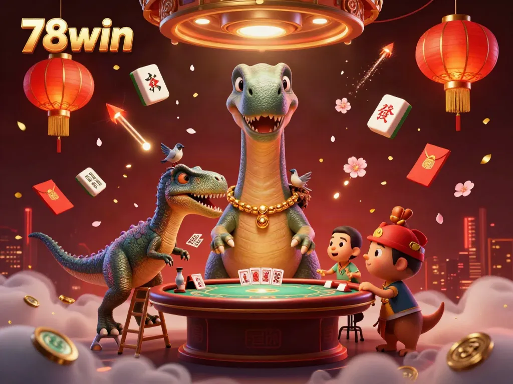 Experience the thrill of 78win's vibrant casino games with a 3D cartoon dinosaur and dynamic gameplay elements.