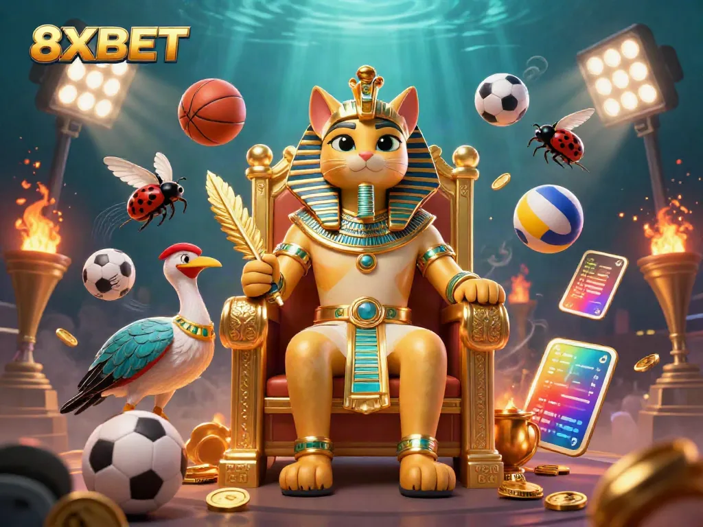 8XBET showcases a captivating 3D illustration of a pharaoh cat and sports elements, enhancing the online gaming experience.