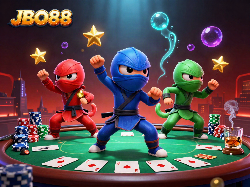 Engage in thrilling poker gameplay with JBO88 among ninja chameleons and vibrant casino elements.