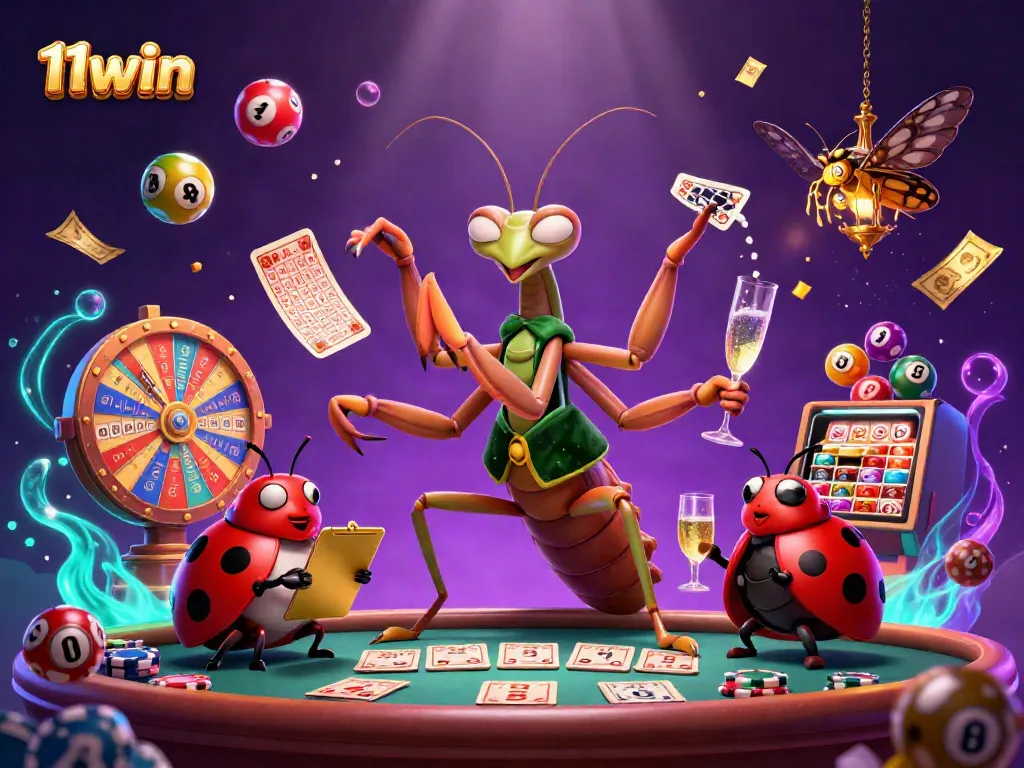 Engage with the vibrant casino scene featuring 11win's animated characters at play, including colorful lottery balls and dynamic game elements.