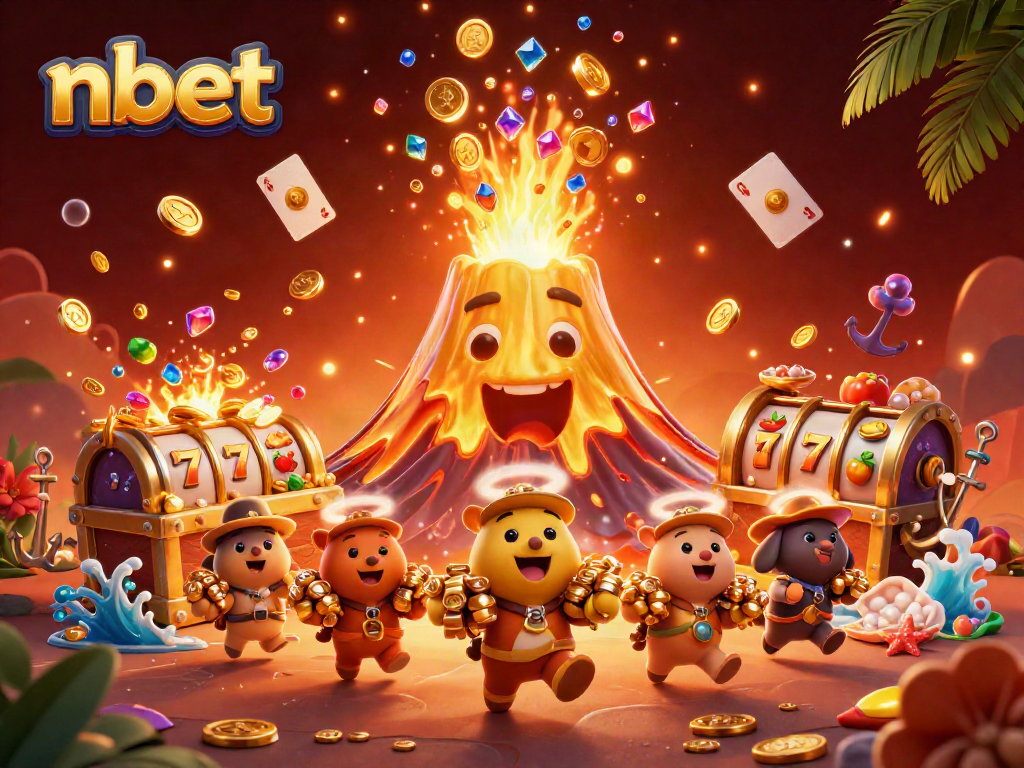 Play slots at nbet, featuring a golden volcano erupting coins with vibrant game elements!