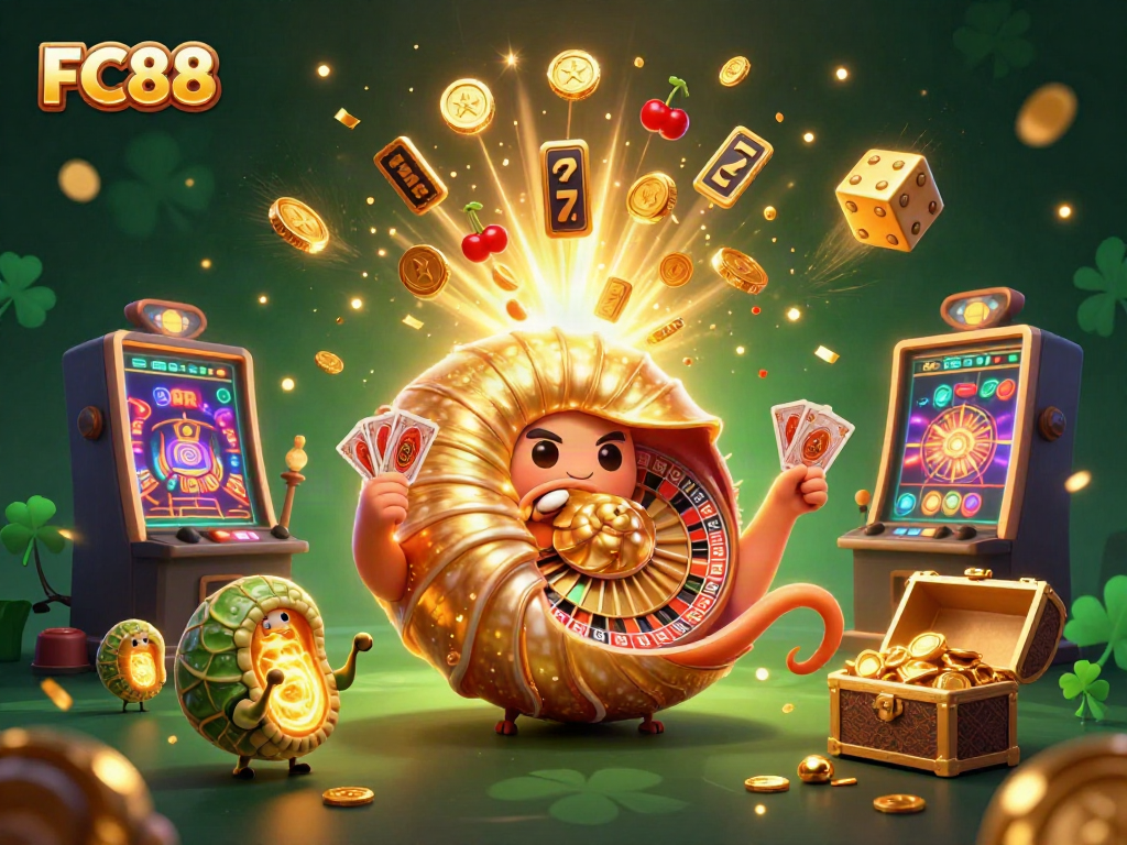 Engage in vibrant gaming excitement with FC88's dynamic casino scene featuring a giant nautilus and glowing ammonite companions.