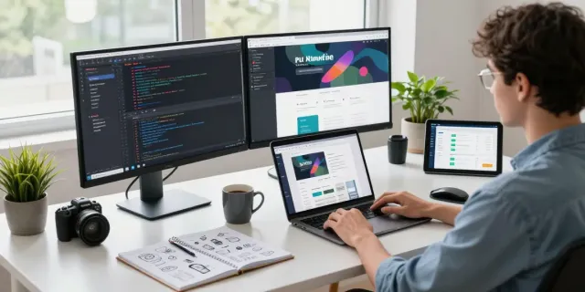 Professionele webdevelopment omgeving met een ontwikkelaar aan het werk met meerdere schermen en notities.