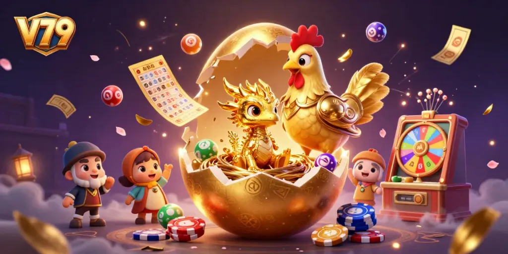 Engage with V79's thrilling games featuring a golden dragon and poker chips in an energetic scene.
