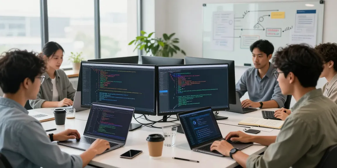 Team of software engineers collaboratively developing solutions with an AI code generator tool in a modern office.