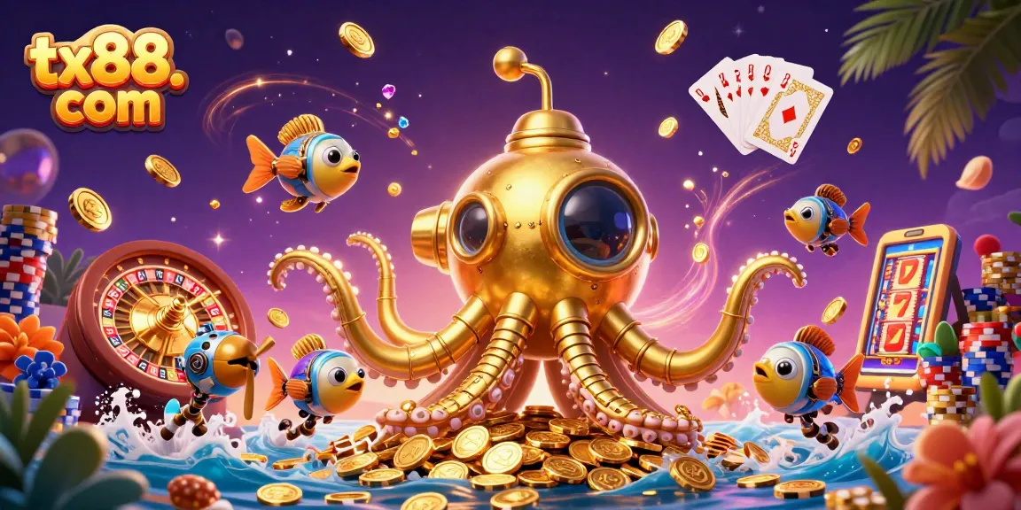 Bet big with tx88. com's lush golden casino scene featuring a kraken submarine amidst flying coins.