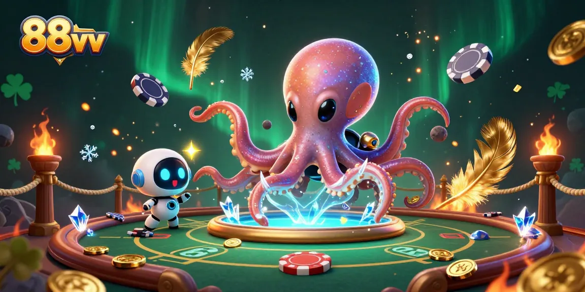 Experience thrilling poker action with the 88vv alien octopus at a holographic table amidst cosmic visuals.