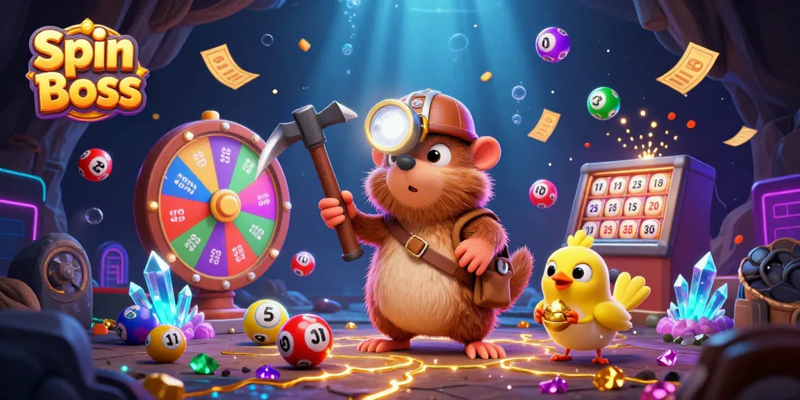 Spin Boss: Treasure hunter mole and canary celebrate wins with colorful casino elements.