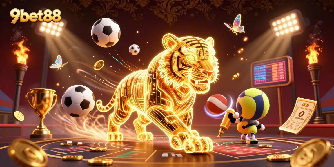 Engage with thrilling 9bet88 casino adventures as a golden tiger prowls a vibrant digital landscape.
