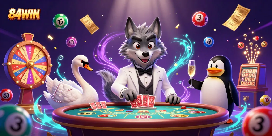 Join the excitement at 84WIN's baccarat table with vibrant lottery elements and a rich casino atmosphere.